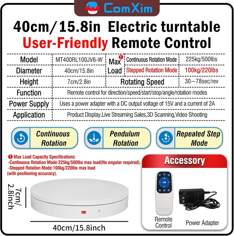 ComXim 15.8In Remote Large Motorized electric turntable Rotating platform Photography Turntable Motorized lazy susan Base giratoria para for Photography,3D Scanner,Heavy duty display(Load Range:220~500lbs) - Image 2