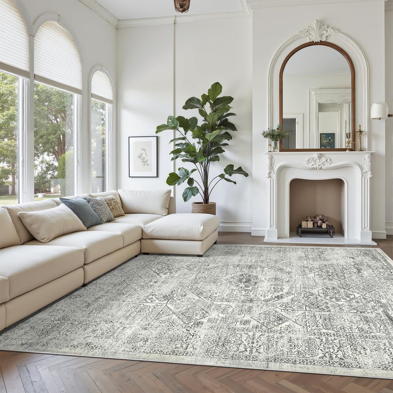 Soalmost Washable Area Rug 8x10, Gray Soft Rug for Living Room Vintage 8x10 Area Rugs for Bedroom Dining Room Floral Non-Slip Thin Grey Rug - Image 2