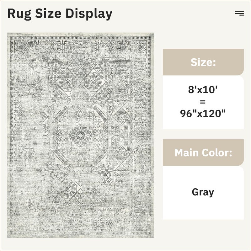 Soalmost Washable Area Rug 8x10, Gray Soft Rug for Living Room Vintage 8x10 Area Rugs for Bedroom Dining Room Floral Non-Slip Thin Grey Rug - Image 3