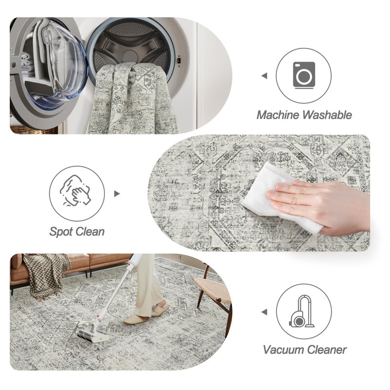 Soalmost Washable Area Rug 8x10, Gray Soft Rug for Living Room Vintage 8x10 Area Rugs for Bedroom Dining Room Floral Non-Slip Thin Grey Rug - Image 4