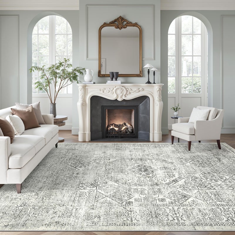 Soalmost Washable Area Rug 8x10, Gray Soft Rug for Living Room Vintage 8x10 Area Rugs for Bedroom Dining Room Floral Non-Slip Thin Grey Rug - Image 1