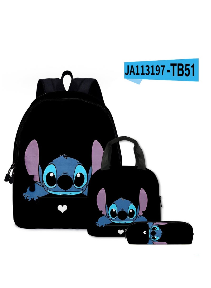 New Cartoon Stitch Backpack School Bag Children's Lunch Bag Pencil Bag Three-Piece Set For Primary And Secondary School Students 30*40*17cm