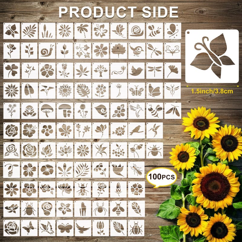 Fainne 100 Pcs Small Stencils for Crafts, 1.5 Inch Reusable Painting Stencils Painting Crafts Templates for Wood, Wall, Home Decor, Canvas, Fabric (Flower Bird Plants) - Image 2