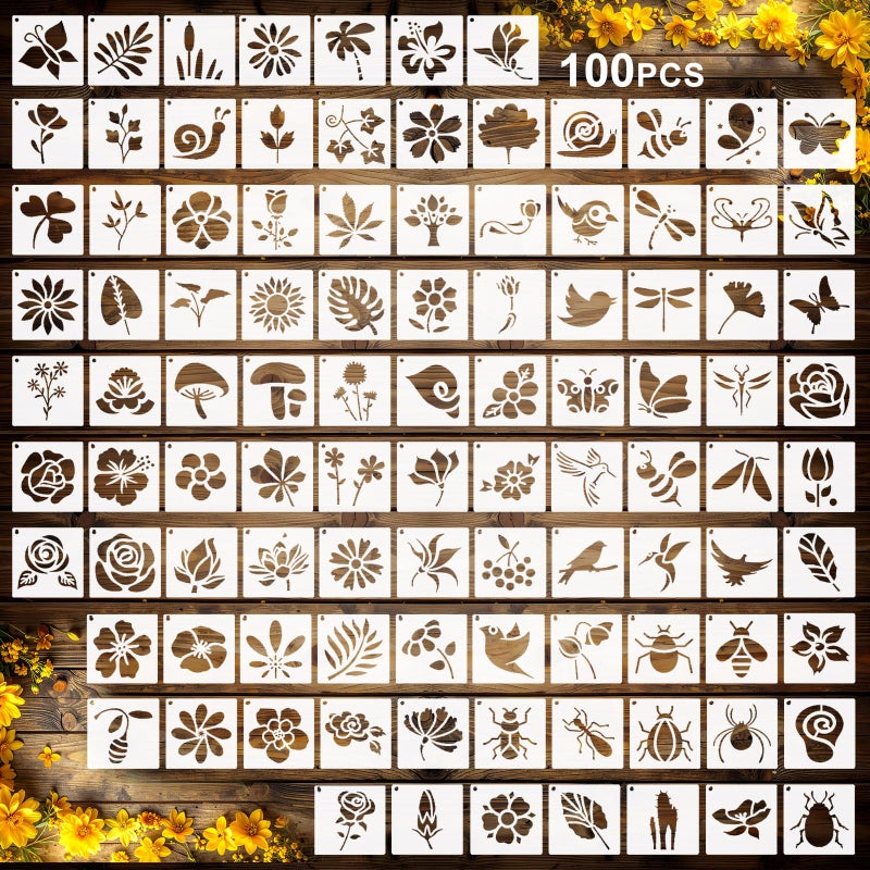 Fainne 100 Pcs Small Stencils for Crafts, 1.5 Inch Reusable Painting Stencils Painting Crafts Templates for Wood, Wall, Home Decor, Canvas, Fabric (Flower Bird Plants) - Image 1