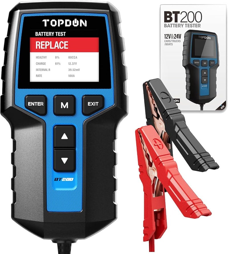 توب دون 1٫ جهاز اختبار بطاريات السيارات TOPDON BT200، يعمل على جهود 12 فولت و24 فولت، ويدعم اختبار السعة الكهربائية (100–2000 CCA)، بالإضافة إلى اختبارات بدء تشغيل المحرك ونظام الشحن، مع شاشة عرض بحجم 2.4 بوصة. - Image 1
