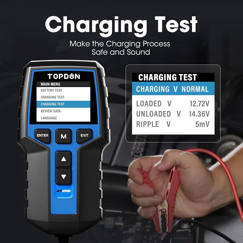 توب دون 1٫ جهاز اختبار بطاريات السيارات TOPDON BT200، يعمل على جهود 12 فولت و24 فولت، ويدعم اختبار السعة الكهربائية (100–2000 CCA)، بالإضافة إلى اختبارات بدء تشغيل المحرك ونظام الشحن، مع شاشة عرض بحجم 2.4 بوصة. - Image 3