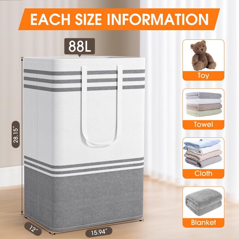 EpicTotes 2 Pack Large Home Laundry Basket, Laundry Hamper, Freestanding Waterproof Dirty Clothes Bag, Tall Clothes Hamper - Extended & Reinforced Handles for College Dorm, Family (Light Grey/88L) - Image 2