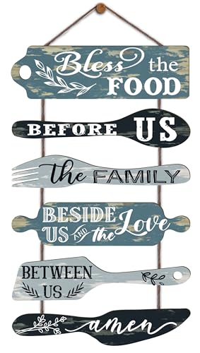 EXQUIDECA Bless the Food Before Us Farmhouse Kitchen Wall Decor Dining Room Decorations Collage Wall Art in Neutral TealAqua Color Wooden Rustic 6pcs Roped Sign 25x14 Inches Vertical - Image 1