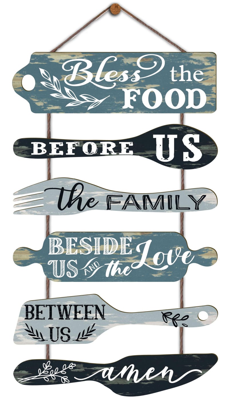EXQUIDECA Bless the Food Before Us Farmhouse Kitchen Wall Decor Dining Room Decorations Collage Wall Art in Neutral TealAqua Color Wooden Rustic 6pcs Roped Sign 25x14 Inches Vertical - Image 2