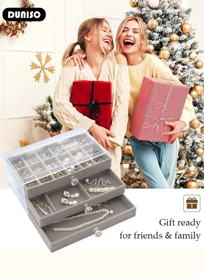 DUNISO Acrylic Jewelry Organizer Box with Tissue Box, 3 Drawers Clear Anti-oxidation Jewelry Boxes for Women, Detachable Velvet Jewelry Display Case for Earring, Bangle, Bracelet, Necklace and Rings Holde - Image 3