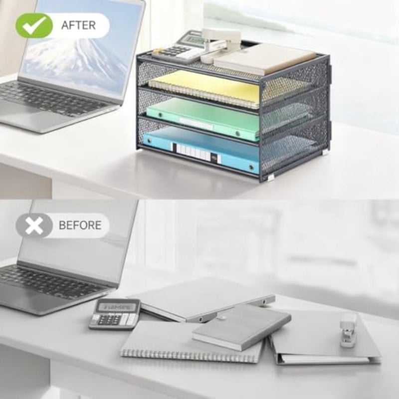 3-Tier Letter Tray Desk Organizer Grey Mesh Metal Paper File Tray Organizer for Desk, Office Supplies and Home Organization Fits A4/Letter Paper, Mail, Magazines and Office Accessories - Image 5