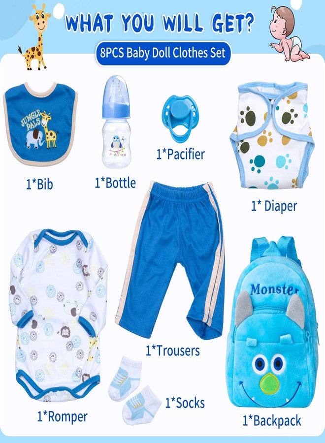 PEDOLLTREE 8 Pcs Reborn Baby Dolls Clothes Boy Accessories Outfit for 18-22 Inch Newborn Baby Reborn Dolls Clothes with Blue Monster Backpack - Image 2