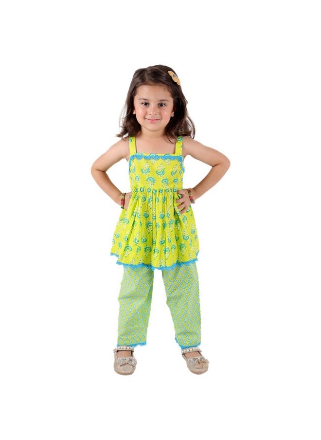 Superminis - superminis Baby Girls Sanganeri Printed Sleeveless Cotton Top with Straight Pant Dress (18-24 Months, Green) - Image 1