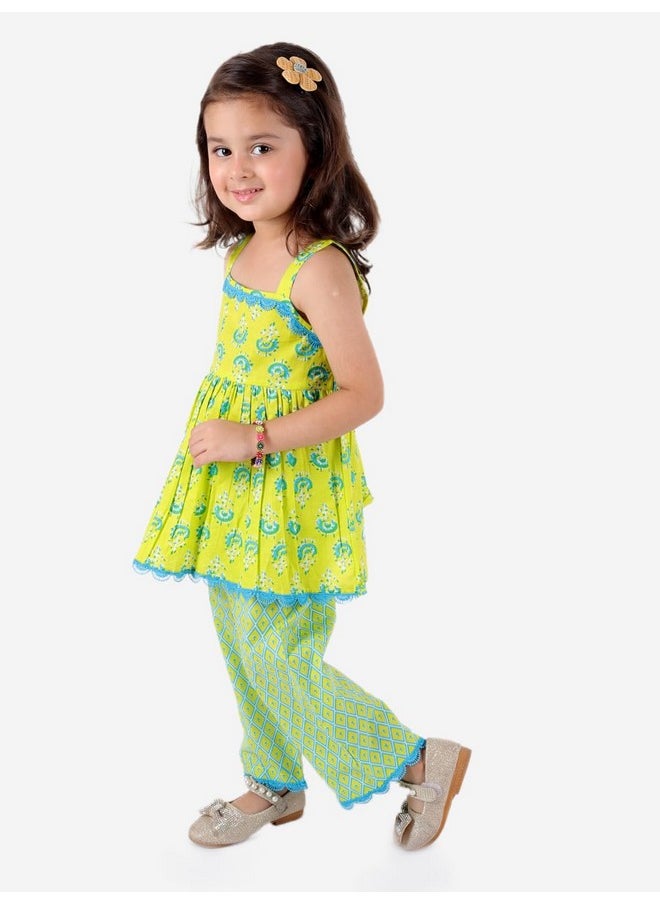 Superminis - superminis Baby Girls Sanganeri Printed Sleeveless Cotton Top with Straight Pant Dress (18-24 Months, Green) - Image 1