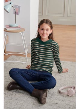 Tchibo Kids Girl Mock Neck Long Sleeves Stripe Top, Green  - Image 1