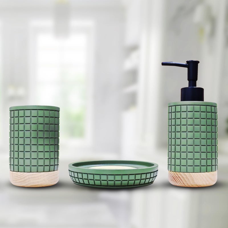 iBELL Polyresin Bathroom Set of 3 Pcs - Soap Dispenser,Tumbler, Soap Dish for Bathroom Decor and Home Gift Set,Green Textured - Image 2