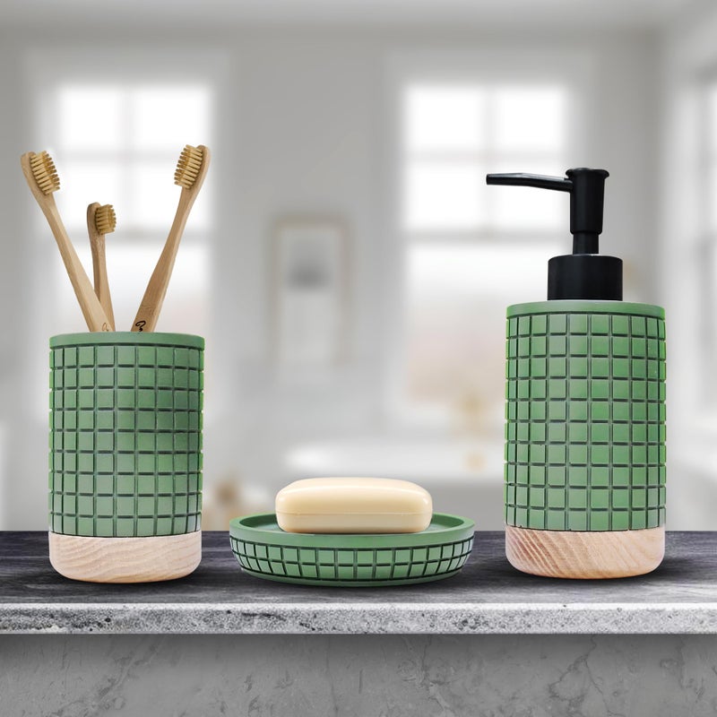 iBELL Polyresin Bathroom Set of 3 Pcs - Soap Dispenser,Tumbler, Soap Dish for Bathroom Decor and Home Gift Set,Green Textured - Image 4