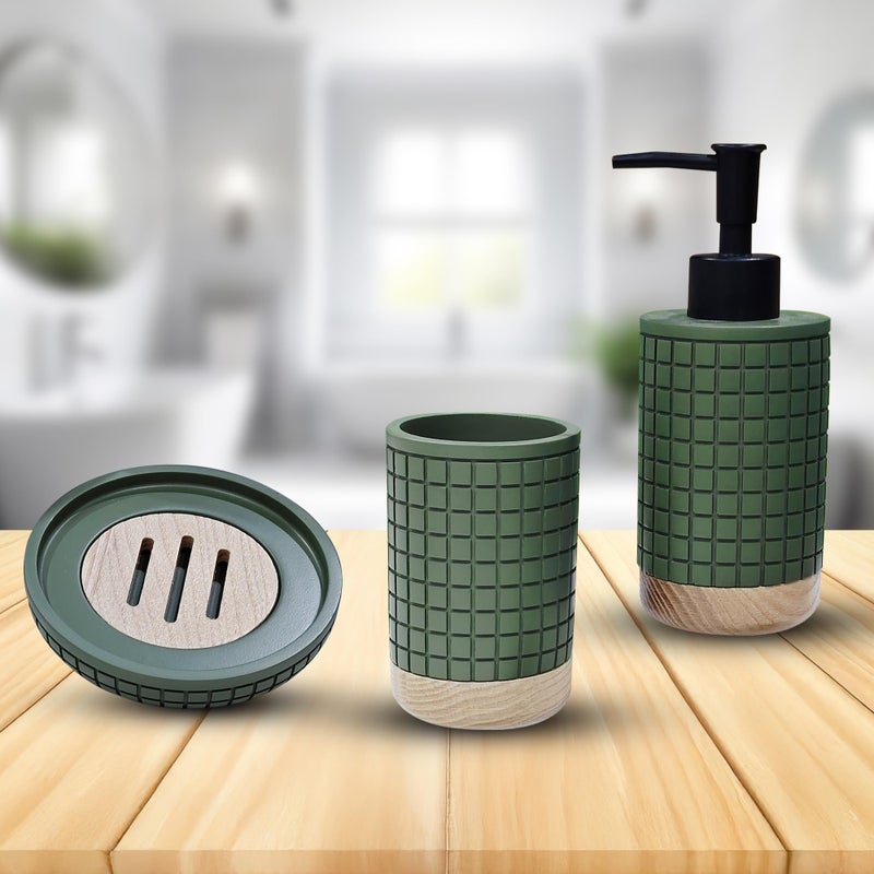 iBELL Polyresin Bathroom Set of 3 Pcs - Soap Dispenser,Tumbler, Soap Dish for Bathroom Decor and Home Gift Set,Green Textured - Image 1