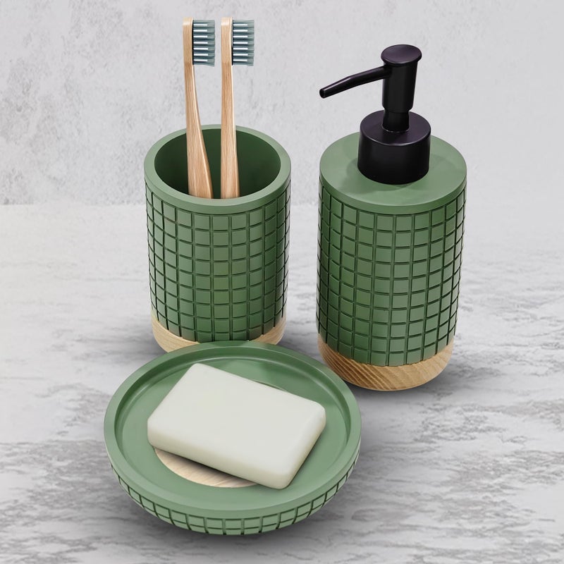 iBELL Polyresin Bathroom Set of 3 Pcs - Soap Dispenser,Tumbler, Soap Dish for Bathroom Decor and Home Gift Set,Green Textured - Image 3
