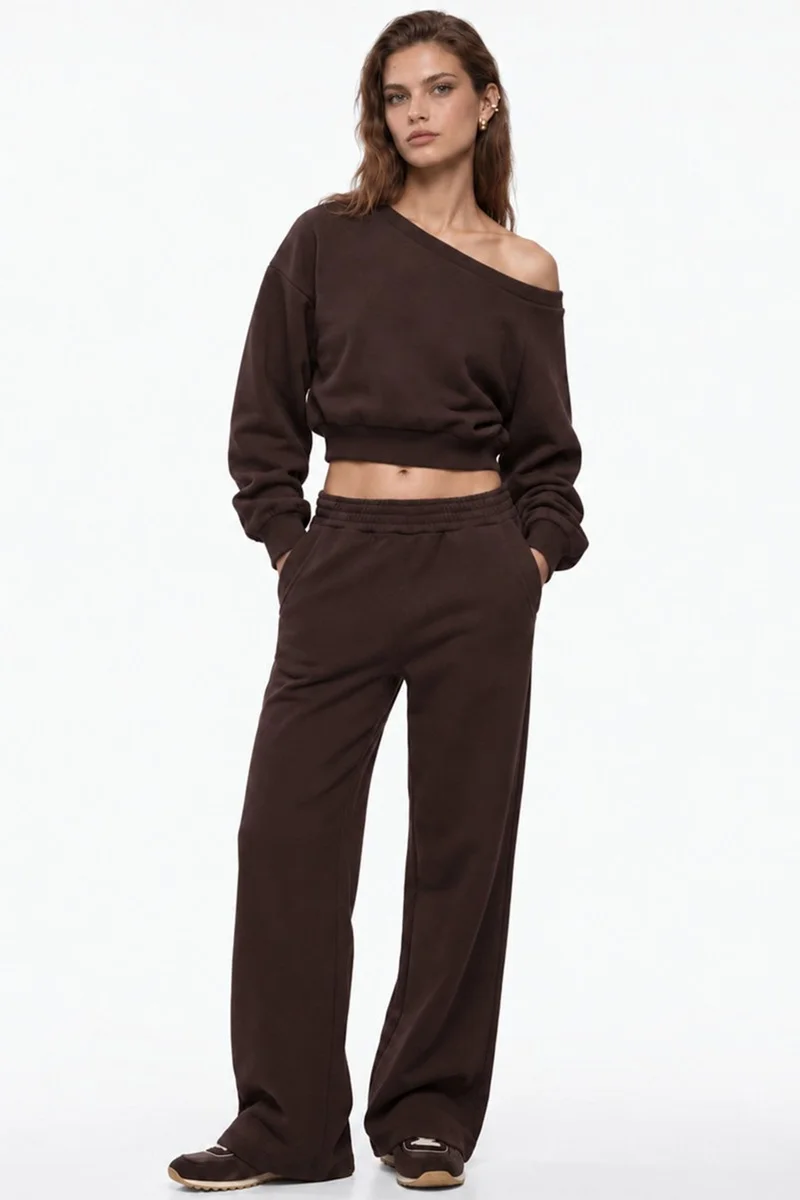 هيكاب Long Sleeve Three-Thread Asymmetric Boat Neck Sweatshirt