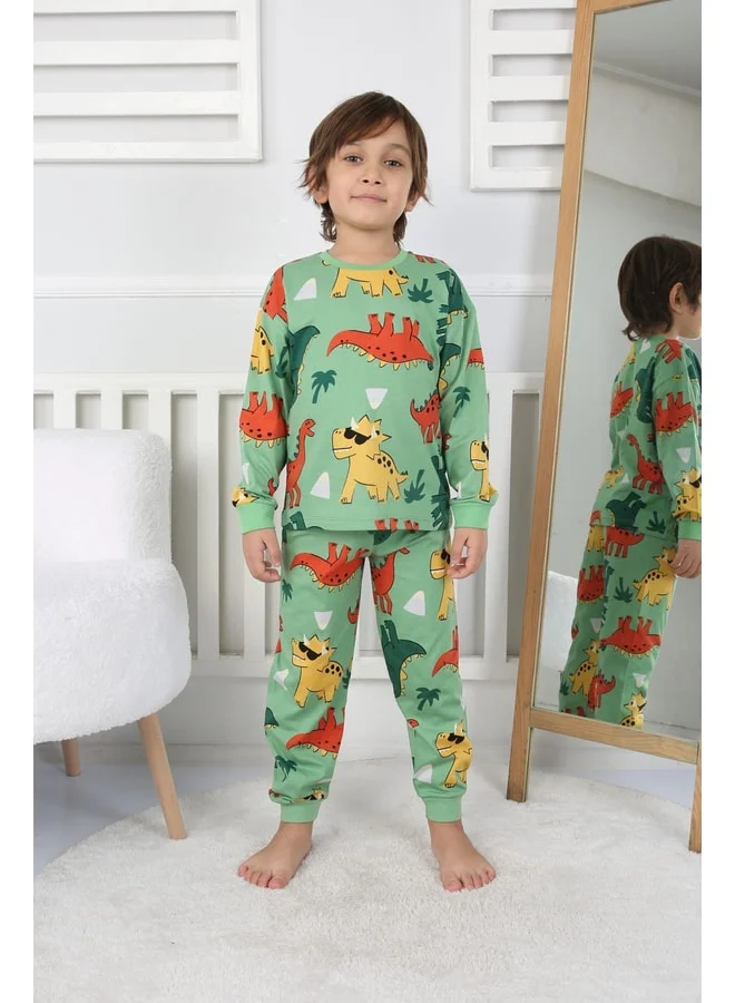 zuzunga Dinosaur Patterned Boys' Pajama Set, Green, Ages 3-8.
