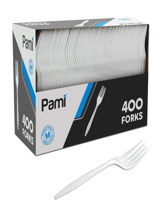 PAMI Medium-Weight Disposable Plastic Forks [400-Pack] - Bulk White Plastic Silverware For Parties, Weddings, Catering Food Stands, Takeaway Orders & More- Sturdy Single-Use Partyware Forks - Image 1