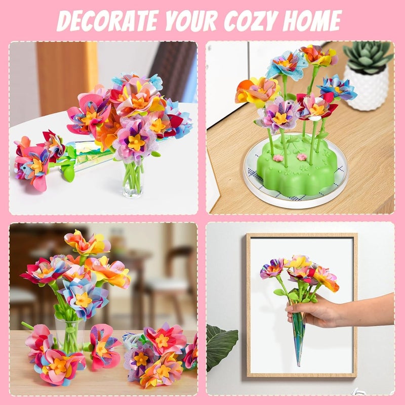 Excefore Fabric Flower Bouquets Toys, DIY Craft Kits for Kids - Build Your Own Flower Bouquet, Arts & Crafts Educational Activity for 4-12 Year Old Girls and Boys, Preschool STEM Learning Gift(Green & Pink) - Image 5