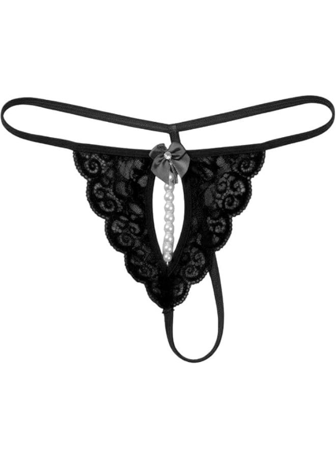 3-piece lace thong set for women, decorated with pearls and a bow, one size fits all, in black, white, and burgundy. - Image 3