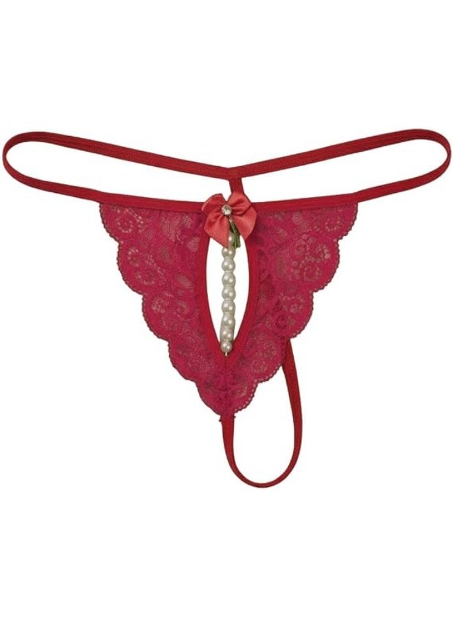 3-piece lace thong set for women, decorated with pearls and a bow, one size fits all, in black, white, and burgundy. - Image 1