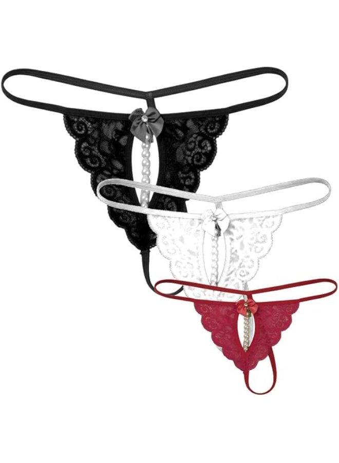 3-piece lace thong set for women, decorated with pearls and a bow, one size fits all, in black, white, and burgundy. - Image 2