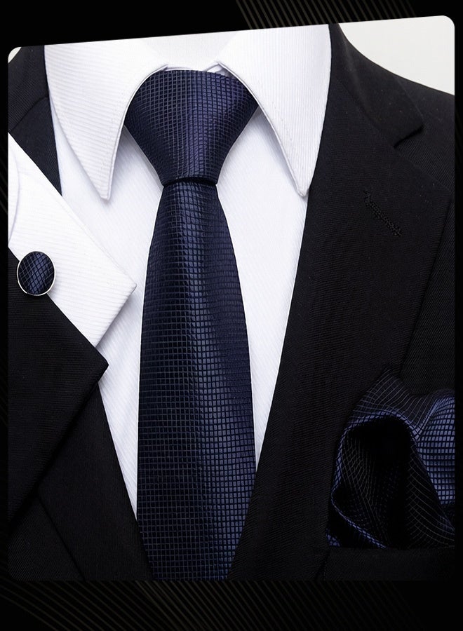 Joychic 3 Piece Men Formal Tie Pocket Square Cufflinks Set Classic Business Accessory for Weddings Formal Events Navy Blue - Image 1