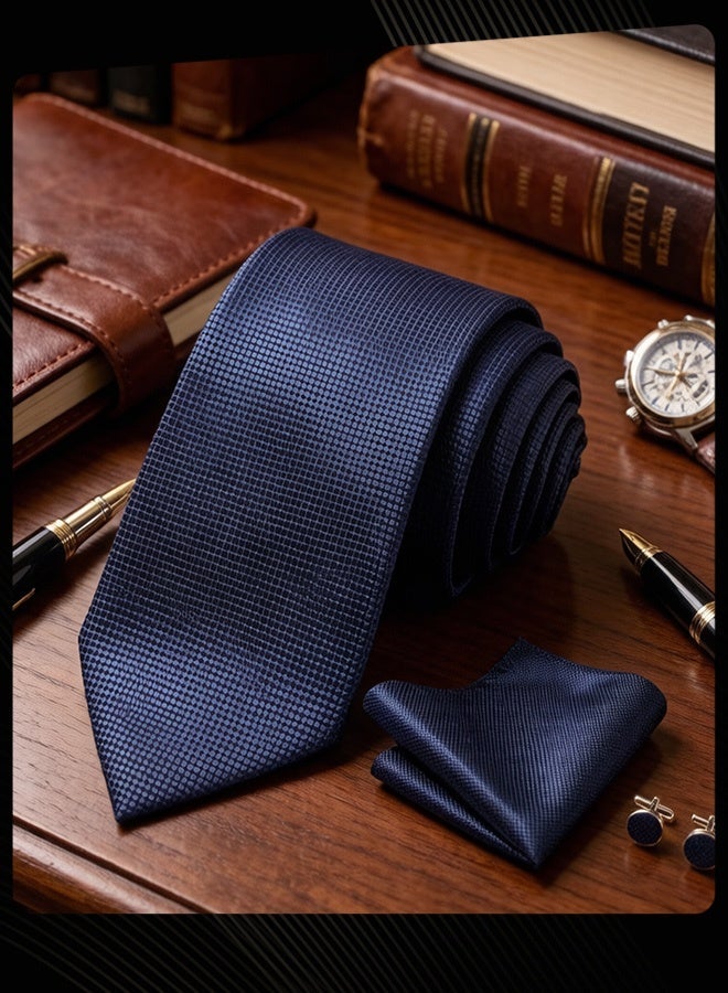 Joychic 3 Piece Men Formal Tie Pocket Square Cufflinks Set Classic Business Accessory for Weddings Formal Events Navy Blue - Image 3