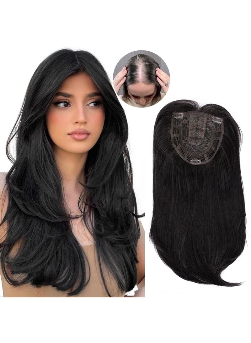 saykfoe Hair Topper, Long Layered Topper with Bangs for Women with Thinning Hair 18 Inch Slightly Curled Ends Wiglets Synthetic Fiber Pieces for Women - Black - Image 1