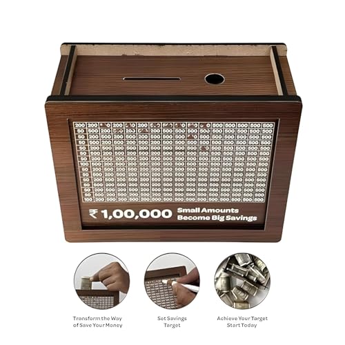 GO WELL Chandan Wood Wooden Piggy Bank for Kids & Adults, Coin Box with Carved Design, Savings Box, Mini Bank, Wooden Coin Box, Money Saver, Piggy Bank with Numbers (1)Modern - Image 3