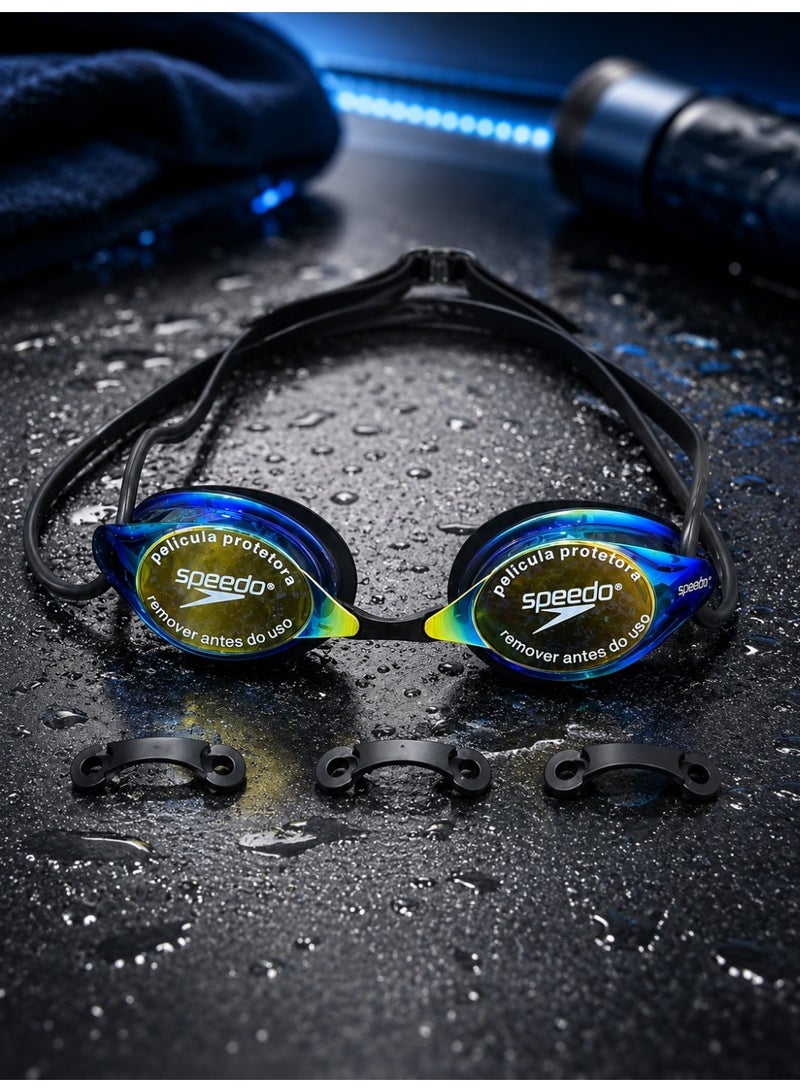 speedo Adult swimming goggles with anti-fog mirrored lenses and UV protection – 3 nose bridge sizes S/M/L - Image 1