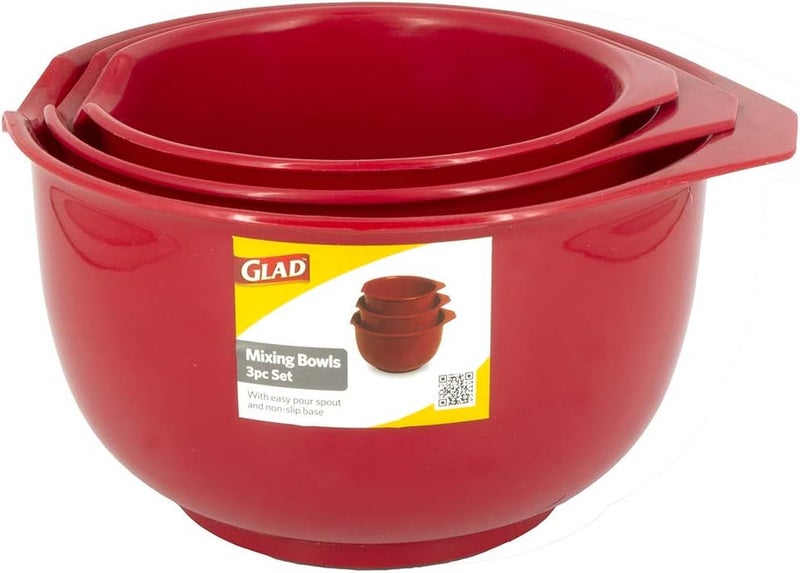 Glad Mixing Bowls with Pour Spout, Set of 3 | Nesting Design Saves Space | Non-Slip, BPA Free, Dishwasher Safe Plastic | Kitchen Cooking and Baking Supplies, Red - Image 3