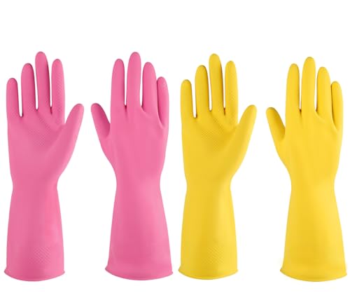 IUCGE Rubber gloves dishwashing 2 Pairs for Kitchen,Cleaning gloves for household Reuseable.(XL,Pink+Yellow) - Image 1
