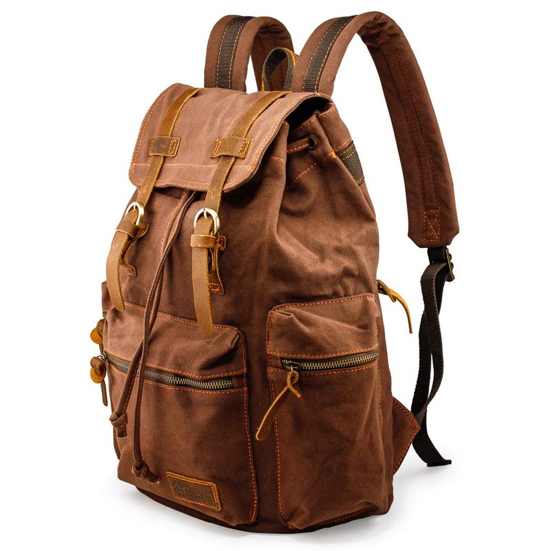 GEARONIC Vintage Canvas Backpack, Casual Daypack Backpacks for Men Women, 15inch Laptop Bag Travel Hiking Camping Rucksack - Coffee - Image 1