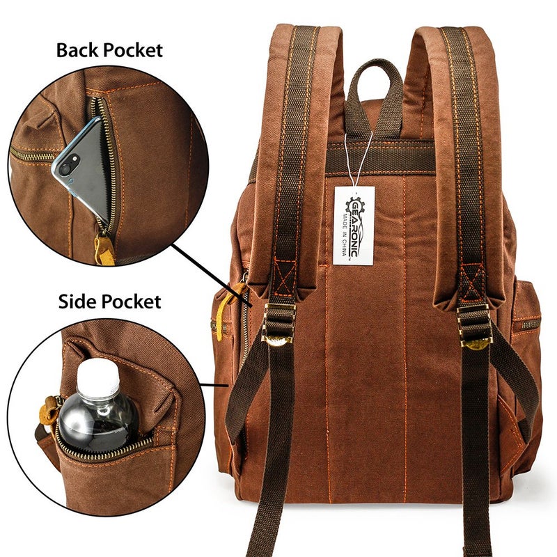 GEARONIC Vintage Canvas Backpack, Casual Daypack Backpacks for Men Women, 15inch Laptop Bag Travel Hiking Camping Rucksack - Coffee - Image 2