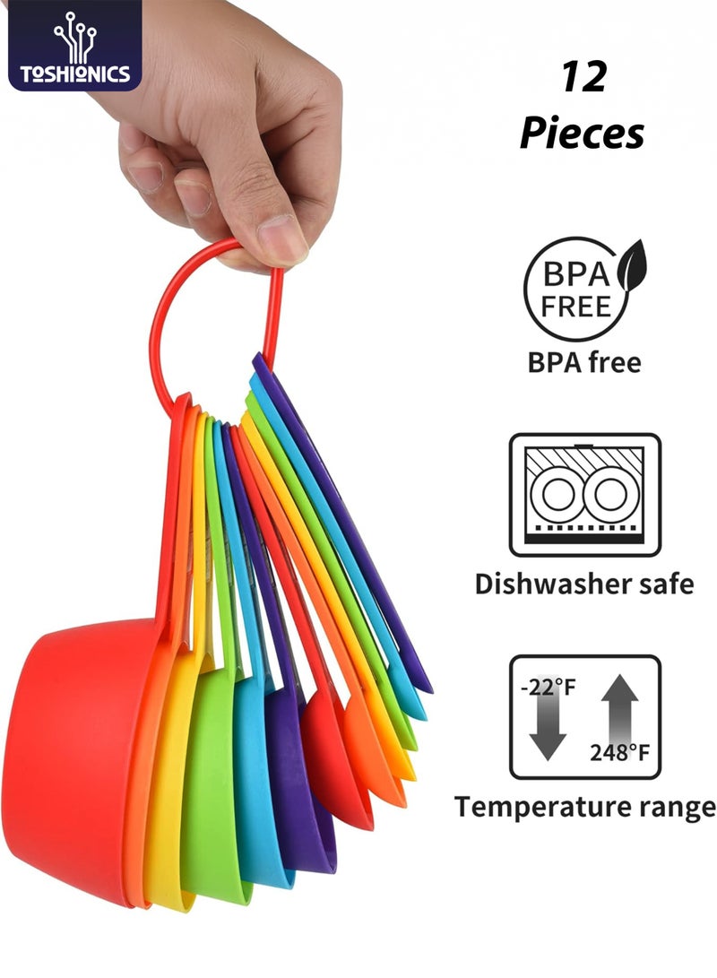 توشيونيكس طقم أكواب وملاعق قياس، 12 قطعة من أكواب وملاعق القياس البلاستيكية، 6 ملاعق قياس بلاستيكية للخبز والطهي، 6 أكواب قياس متنوعة الألوان - Image 1