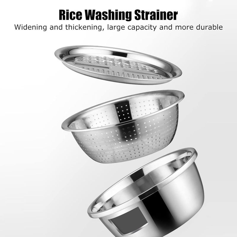 Pilipane Stainless Steel Rice Washing Bowl Multifunction 3 In 1 Colanders Basin Kitchen Grater Set Bowl Grater Strainer for Rice Salad Maker - Image 3
