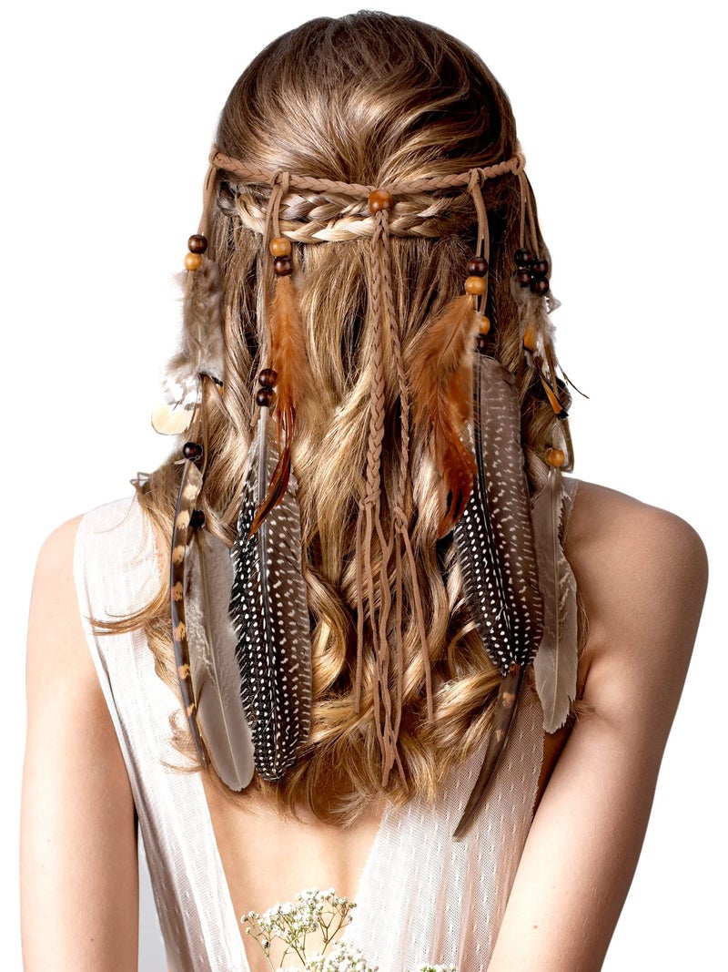 XunYee Feather Headband Hippie Headband for Women Hippie Accessories Indian Hair Accessories for Costume(Short,Classic Style,Brown Series) - Image 1