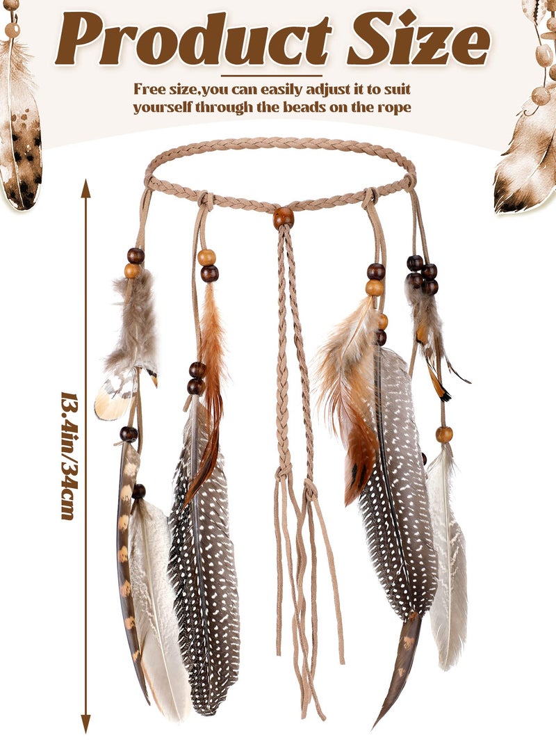 XunYee Feather Headband Hippie Headband for Women Hippie Accessories Indian Hair Accessories for Costume(Short,Classic Style,Brown Series) - Image 3