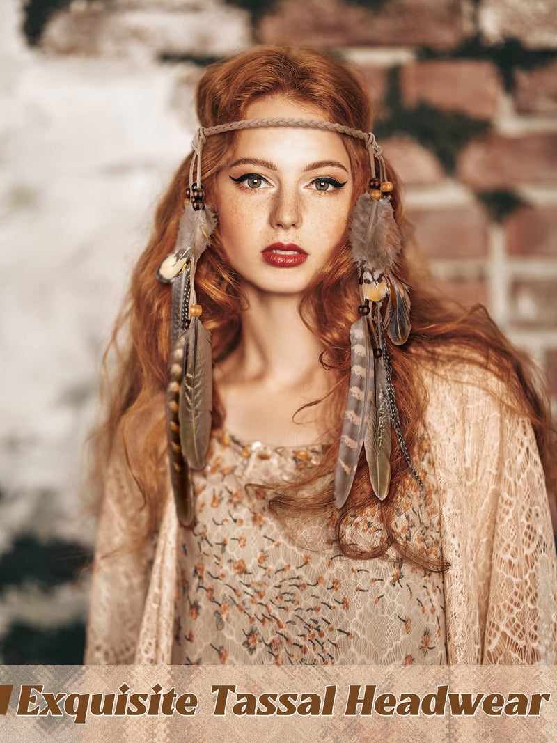 XunYee Feather Headband Hippie Headband for Women Hippie Accessories Indian Hair Accessories for Costume(Short,Classic Style,Brown Series) - Image 2
