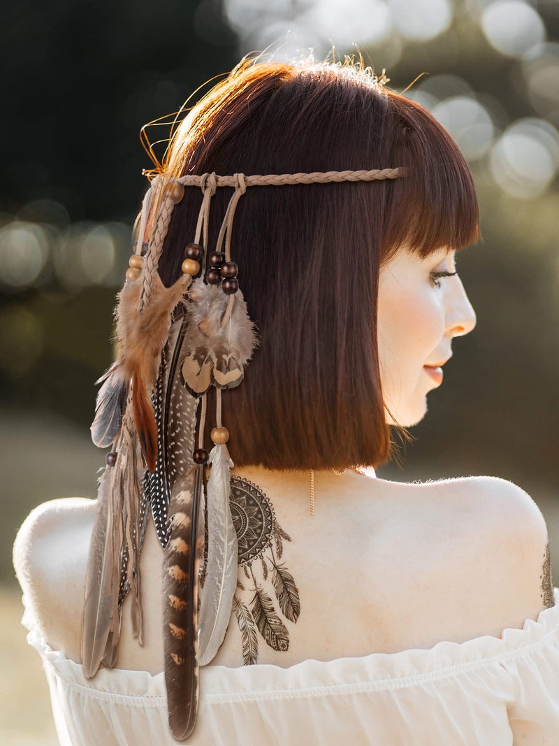 XunYee Feather Headband Hippie Headband for Women Hippie Accessories Indian Hair Accessories for Costume(Short,Classic Style,Brown Series) - Image 4