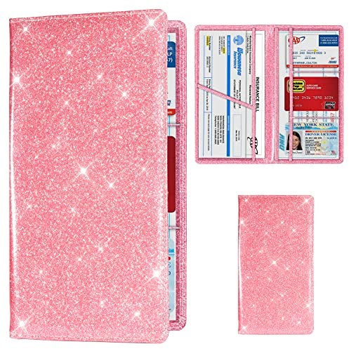 TOURSUIT Car Registration and Insurance Card Holder, Vehicle License Document Glove Box Compartment Organizer, Interior Car Accessories for Women Men Teens (Glitter Pink) - Image 1