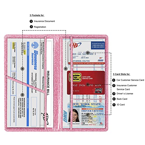 TOURSUIT Car Registration and Insurance Card Holder, Vehicle License Document Glove Box Compartment Organizer, Interior Car Accessories for Women Men Teens (Glitter Pink) - Image 2