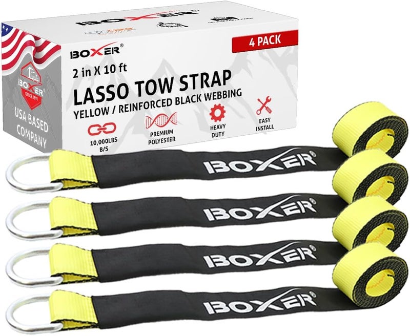 Boxer 2 Inch x 10Ft Lasso Tow Strap with D Ring & Protective Sleeve – 10,000lbs Capacity (4-Pack) - Image 1