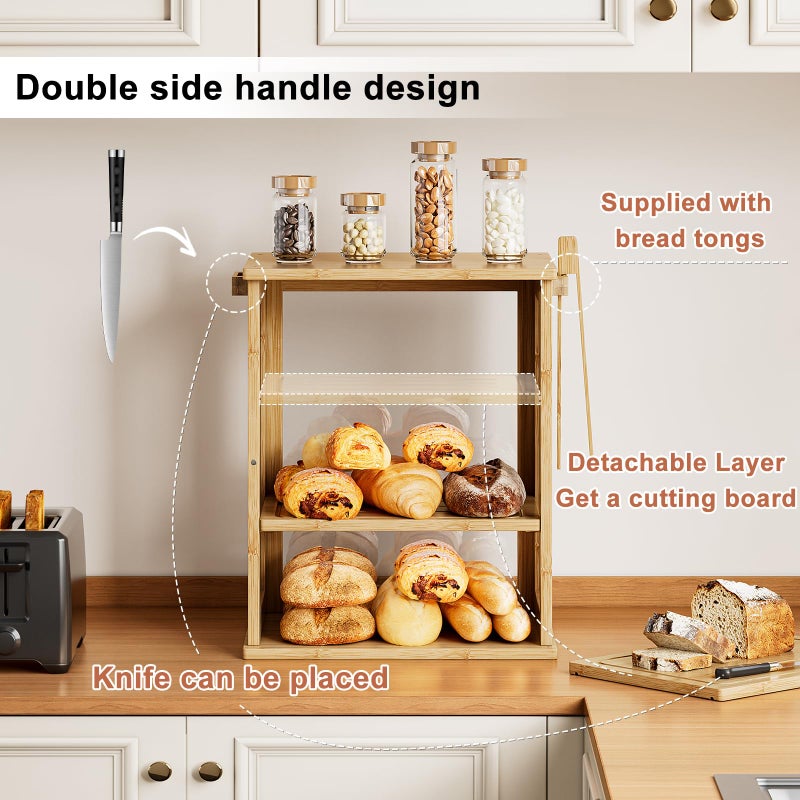 WOWLIVE Bamboo Bread Box for Kitchen Countertop, Large 3 Layers Bread Storage Container for Homemade Bread with Window, Farmhouse Breadbox Organizer for Kitchen, Cabinet, Pantry (Natural, Meduim) - Image 5