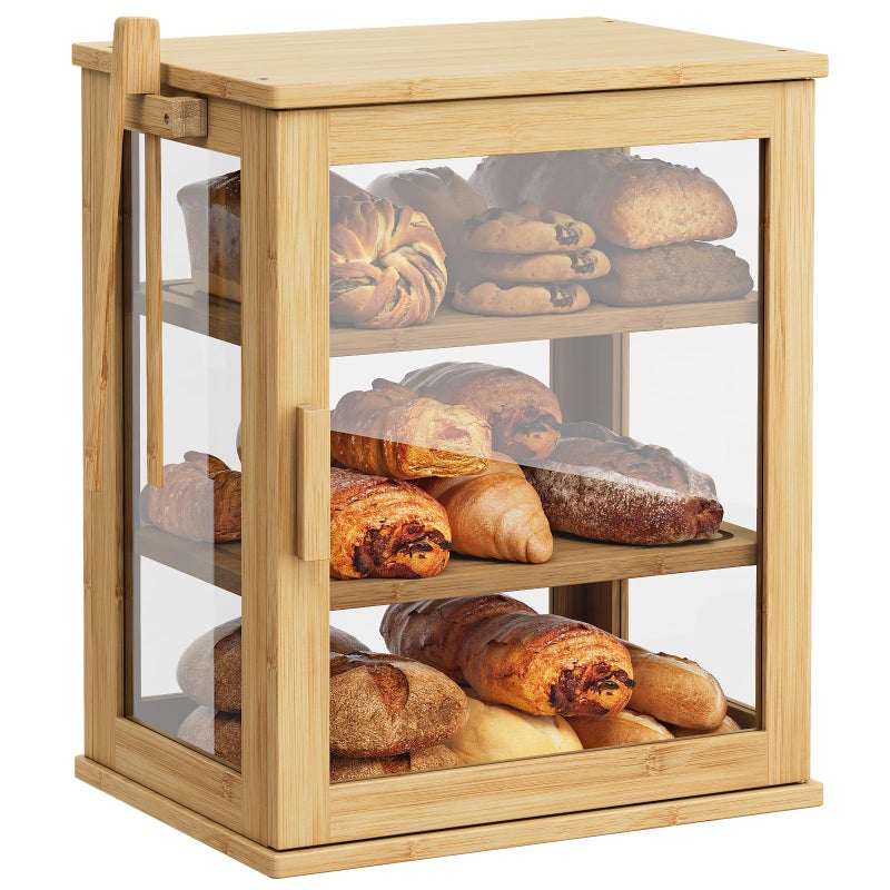 WOWLIVE Bamboo Bread Box for Kitchen Countertop, Large 3 Layers Bread Storage Container for Homemade Bread with Window, Farmhouse Breadbox Organizer for Kitchen, Cabinet, Pantry (Natural, Meduim) - Image 1